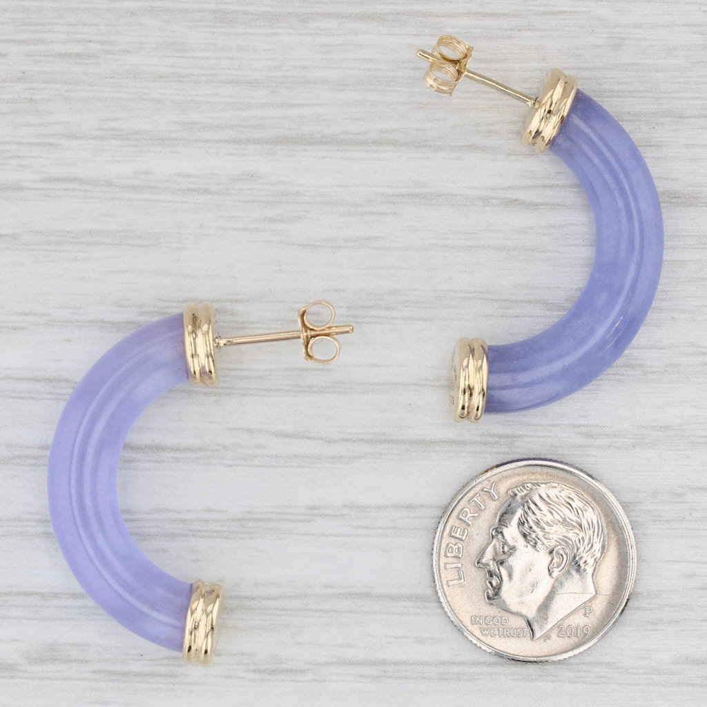 Light Gray Lavender Jadeite Jade Half Hoop Hololith Earrings 14k Yellow Gold Pierced Drops