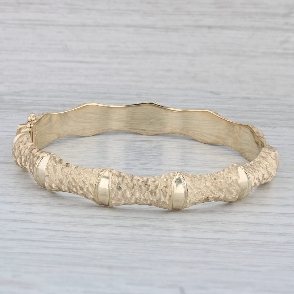 Gray Hammered Bamboo Bangle Bracelet 14k Yellow Gold 7.5" 10.1mm