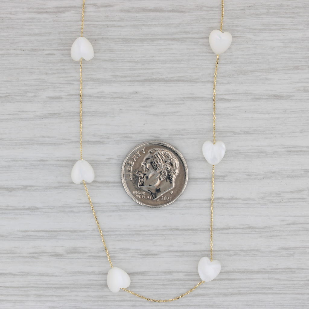 Gray Mother of Pearl Heart Stations Necklace 14k Yellow Gold 17.75" Cable Chain