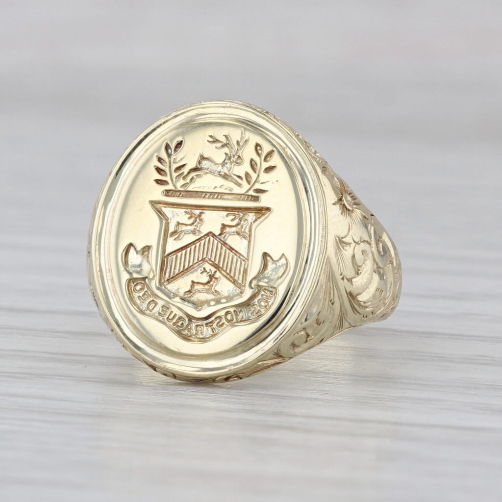 Vintage Family Crest Signet Ring 14k Gold Nos Nostraque deo We & Ours to God