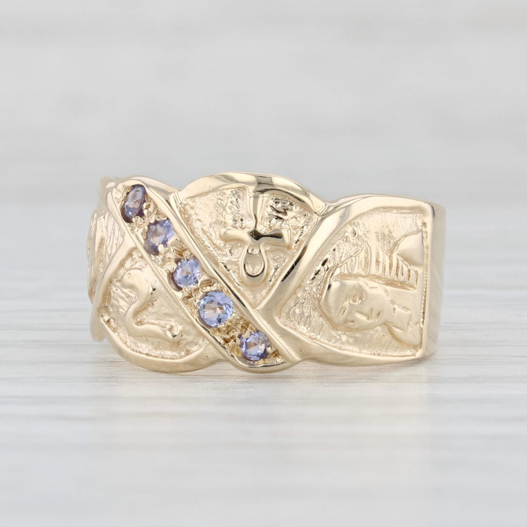 Light Gray 0.18ctw Tanzanite Egyptian Themed Ring 14k Yellow Gold Size 7.75 Figural Vintage