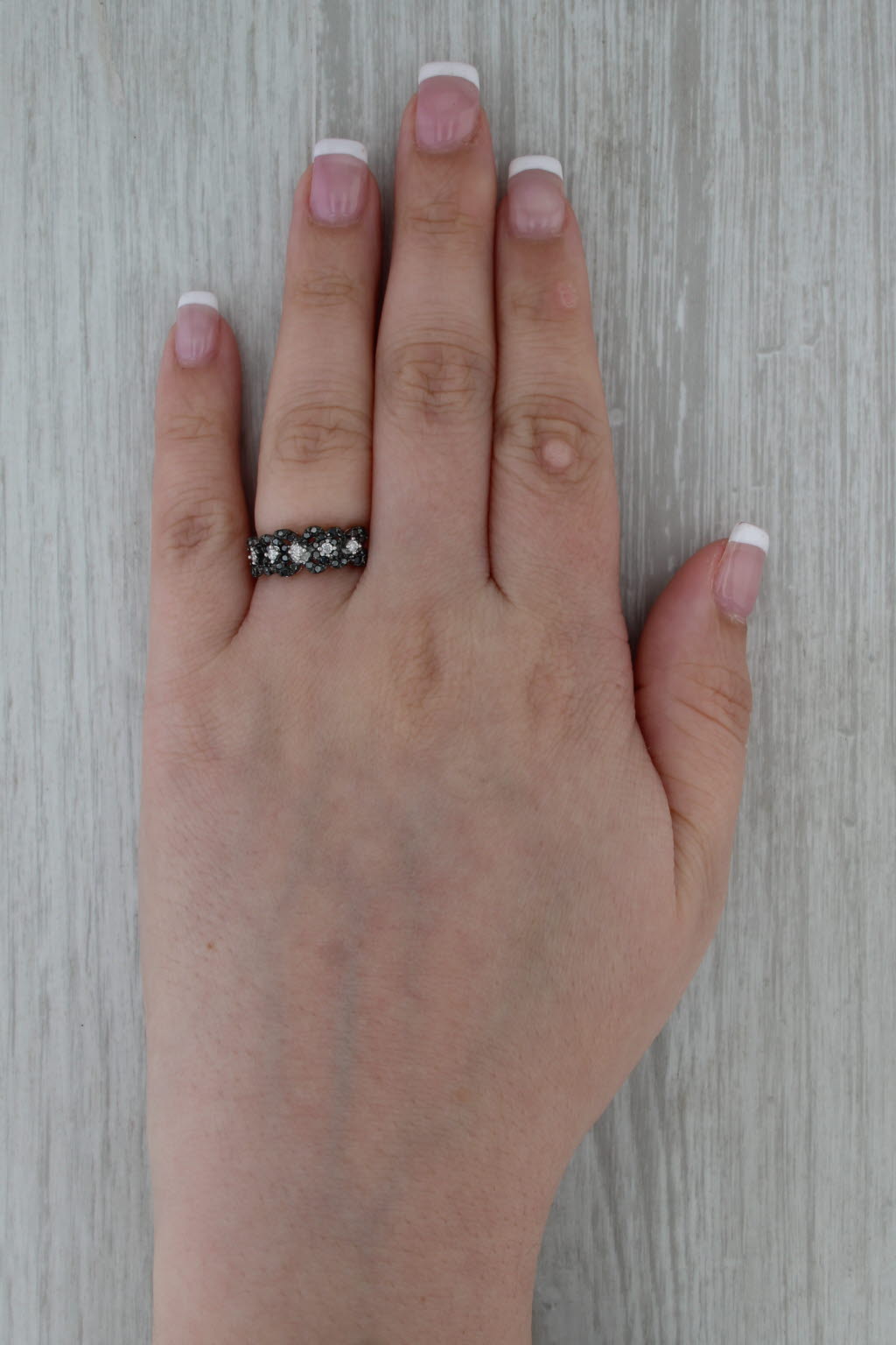 Black White Diamond Cluster Ring 14k White Gold Size 5.75