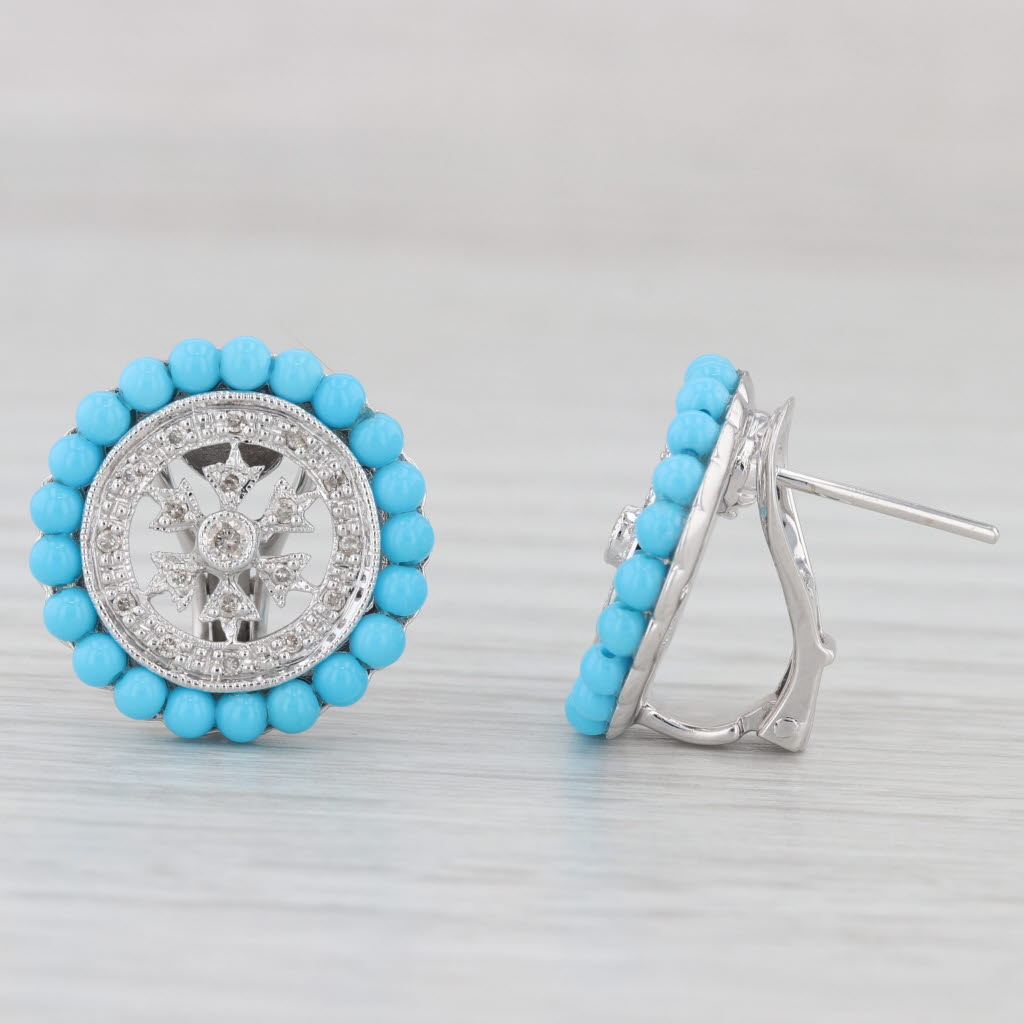 Light Gray Turquoise Halo 0.40ctw Diamond Button Stud Earrings 14k White Gold Omega Backs