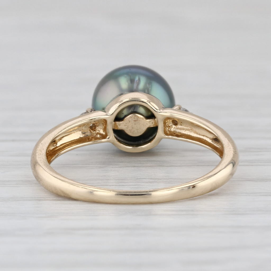 8.6mm Black Cultured Pearl Diamond Ring 14k Yellow Gold Size 7.25