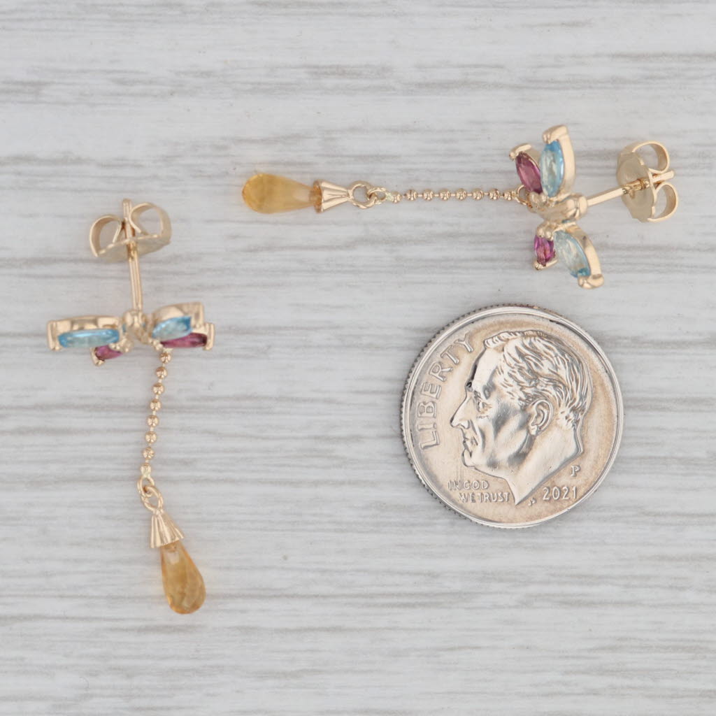 Gray 1.54ctw Topaz Garnet Citrine Butterfly Earrings 14k Yellow Gold Drops