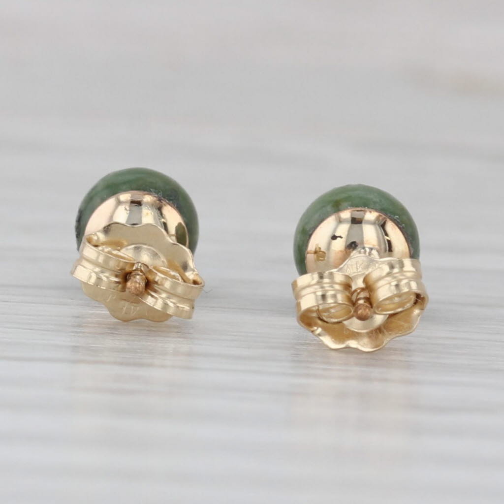 Gray Vintage Green Nephrite Jade Bead Stud Earrings 14k Yellow Gold