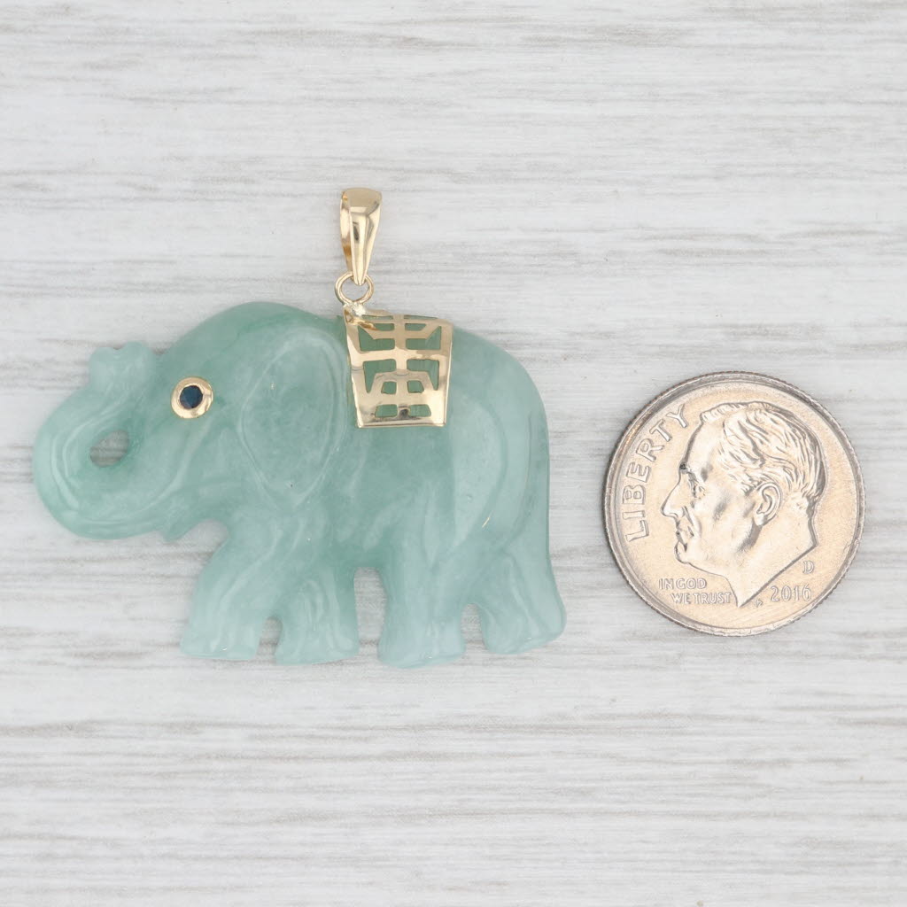 Green Jadeite Jade Elephant Pendant Shou Longevity Chinese Sapphire 14k Gold