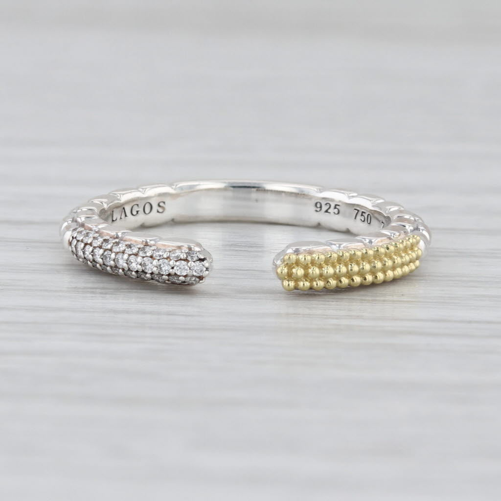 New Lagos Caviar Lux 2-Toned Diamond Open Stacking Ring Sterling Silver 18k Gold