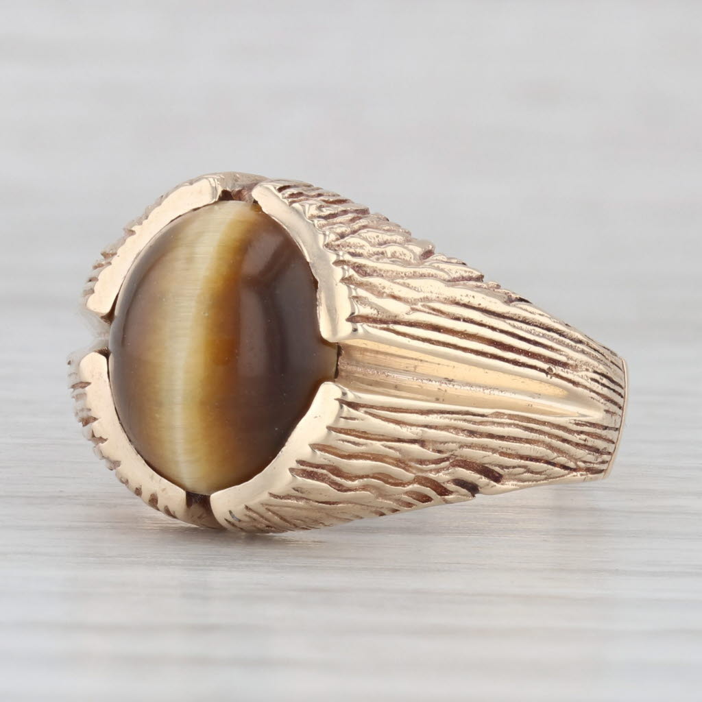 Light Gray Tiger's Eye Oval Cabochon Solitaire Ring 10k Gold Size 9.75 Woodgrain Vintage