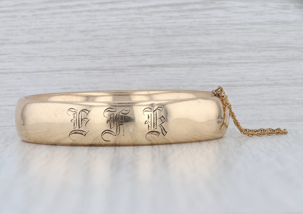 Vintage Floral Dragonfly Engraved Bangle Bracelet Gold Filled 7" Monogrammed