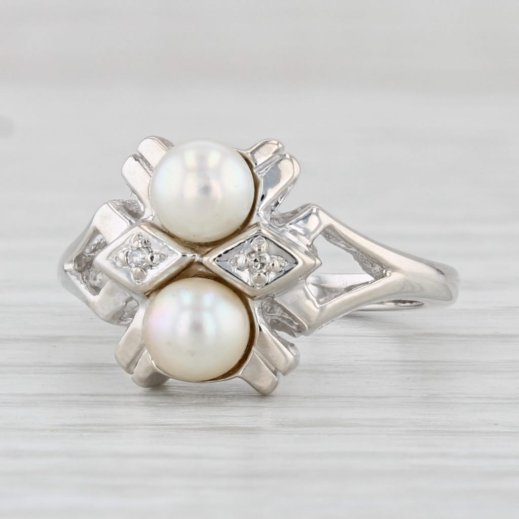Light Gray Vintage Cultured Pearl Diamond Ring 14k White Gold Size 4.75