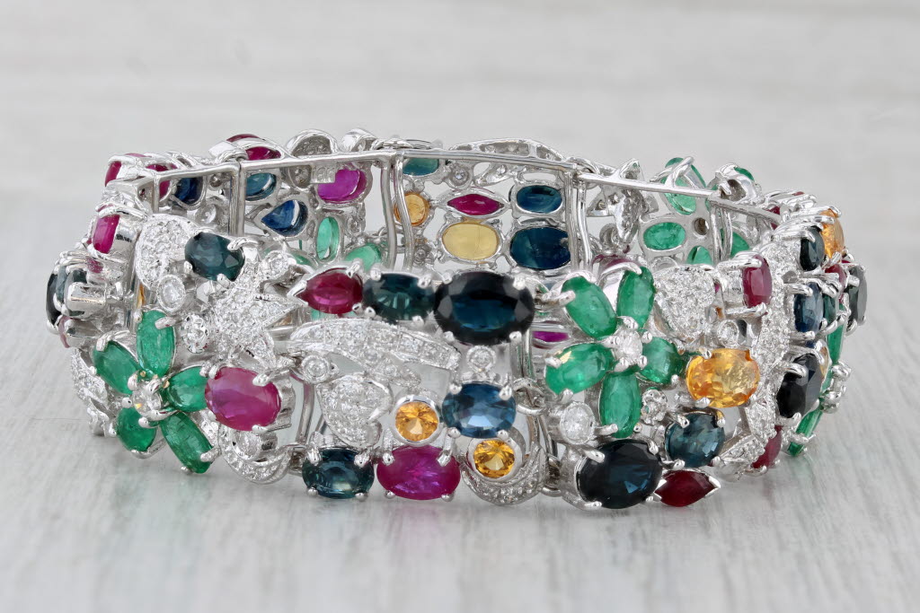 Gray 38.38ctw Tutti Frutti Gemstone Bracelet 18k Gold Ruby Emerald Sapphire Diamond