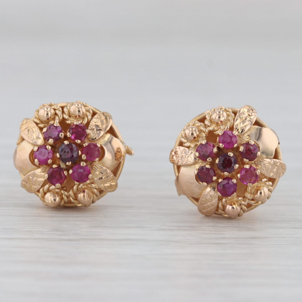 Gray Vintage 1.75ctw Ruby Cluster Flower Stud Earrings 18k Rose Gold