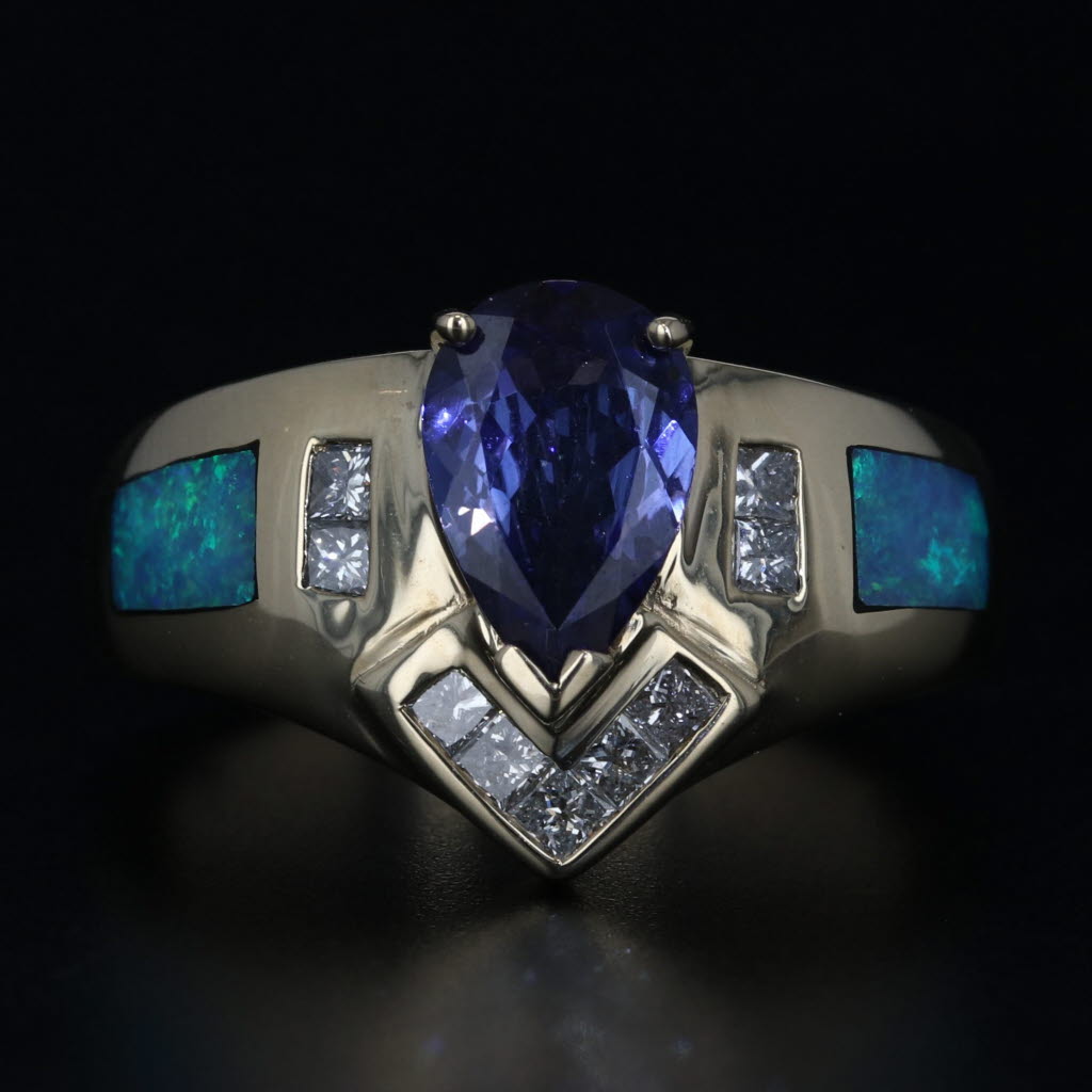 Black 1.29ctw Tanzanite Diamond Opal Inlay Ring 14k Yellow Gold Size 7-7.25