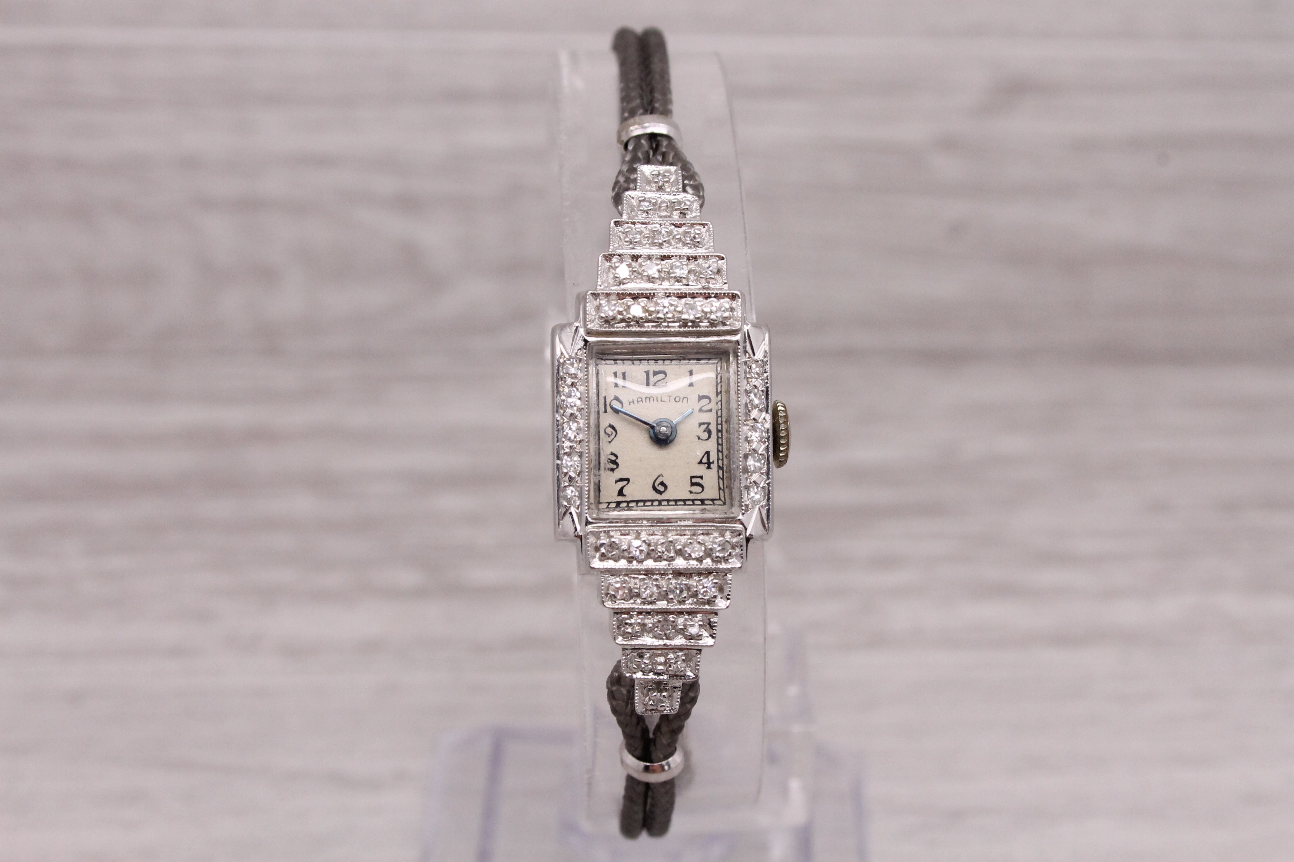 Dark Gray Vintage c.1950s Hamilton 14k White Gold Diamond Ladies Watch 0.20ctw Stair Case
