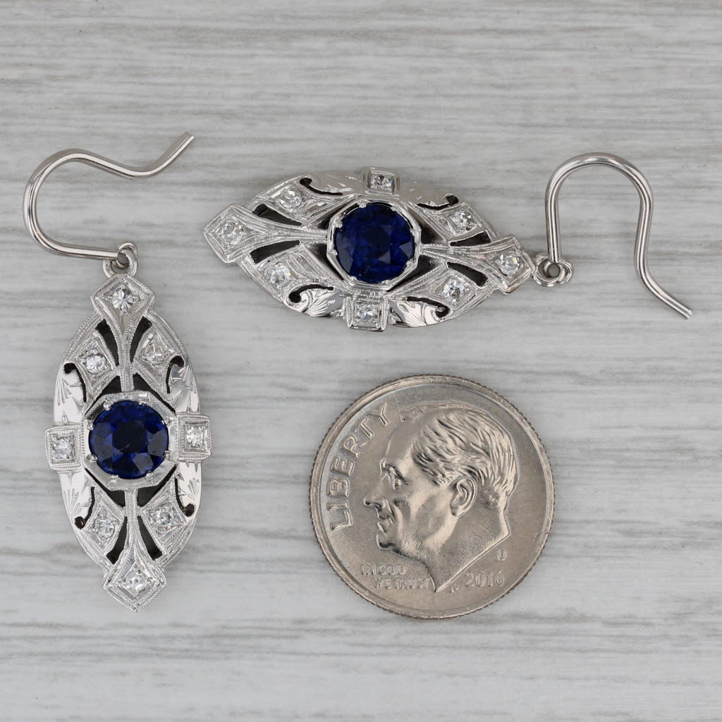 Dark Gray Vintage 2.59ctw Blue Lab Created Sapphire Diamond Dangle Earrings 18k White Gold