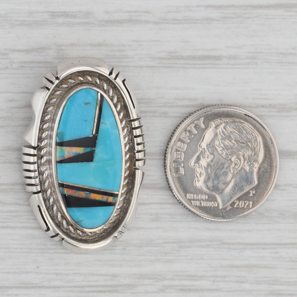 Gray Native American Turquoise Lab Created Opal Onyx Pendant Sterling Silver Vintage
