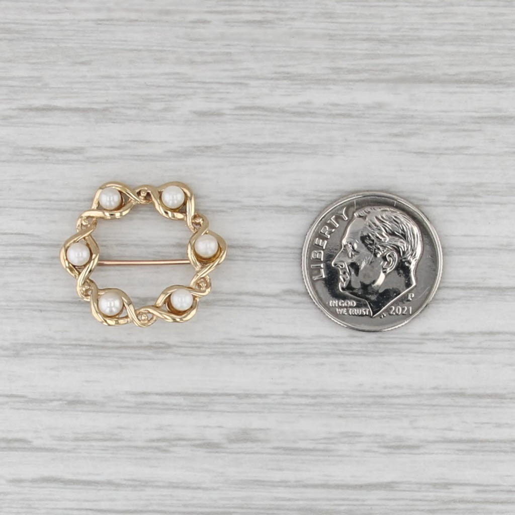 Cultured Pearl Wreath Pin 14k Yellow Gold Small Brooch