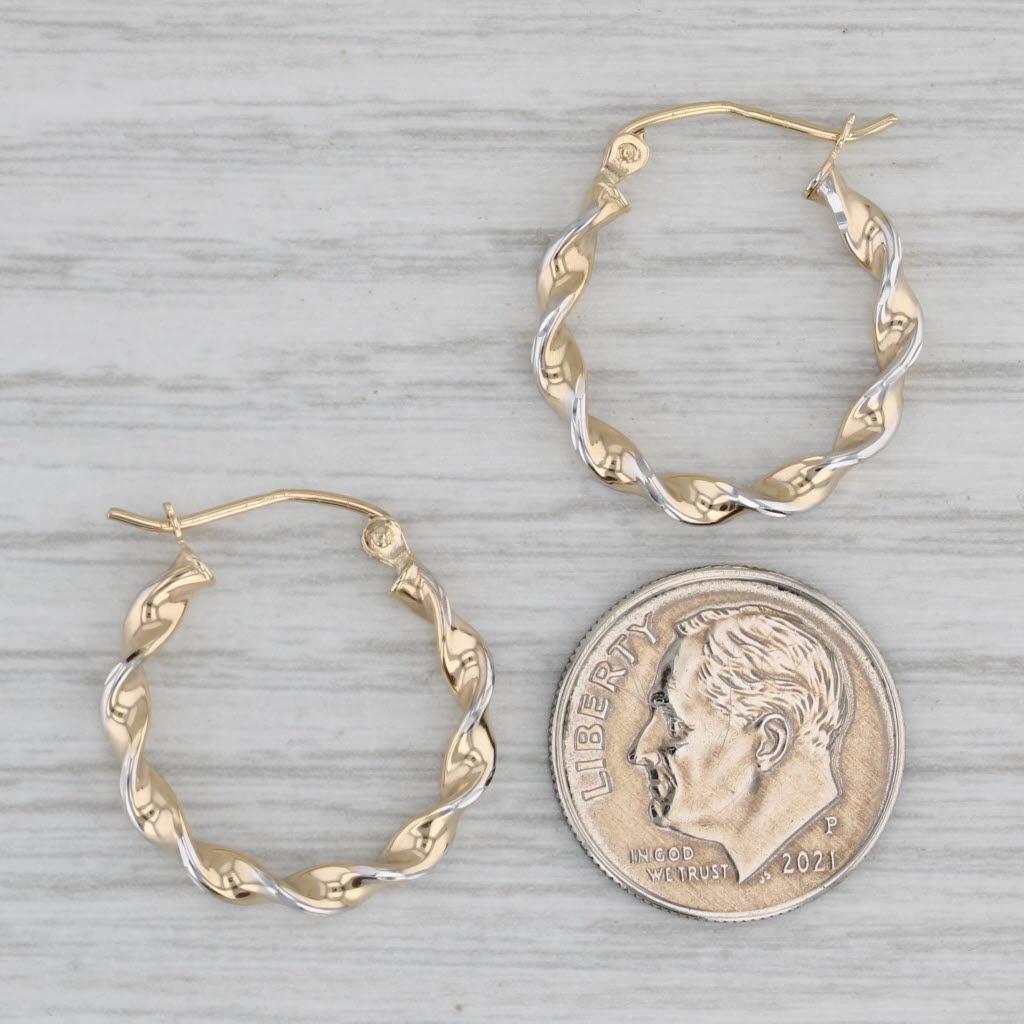 Gray New 2-Toned Twist Hoop Earrings 14k Yellow White Gold Snap Top Round Hoops