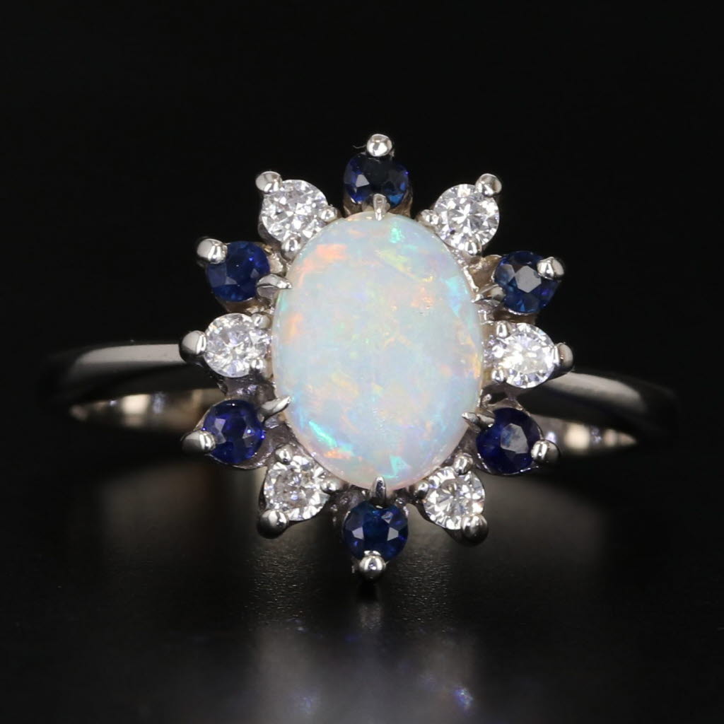 Gray Opal Cabochon Sapphire Diamond Halo Ring 14k White Gold Size 6