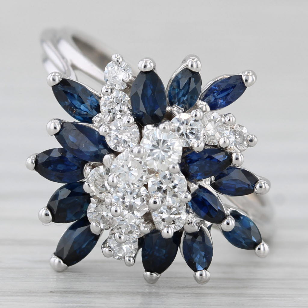 Gray 1.77ctw Blue Sapphire Diamond Cluster Cocktail Ring 18k White Gold Size 7.5