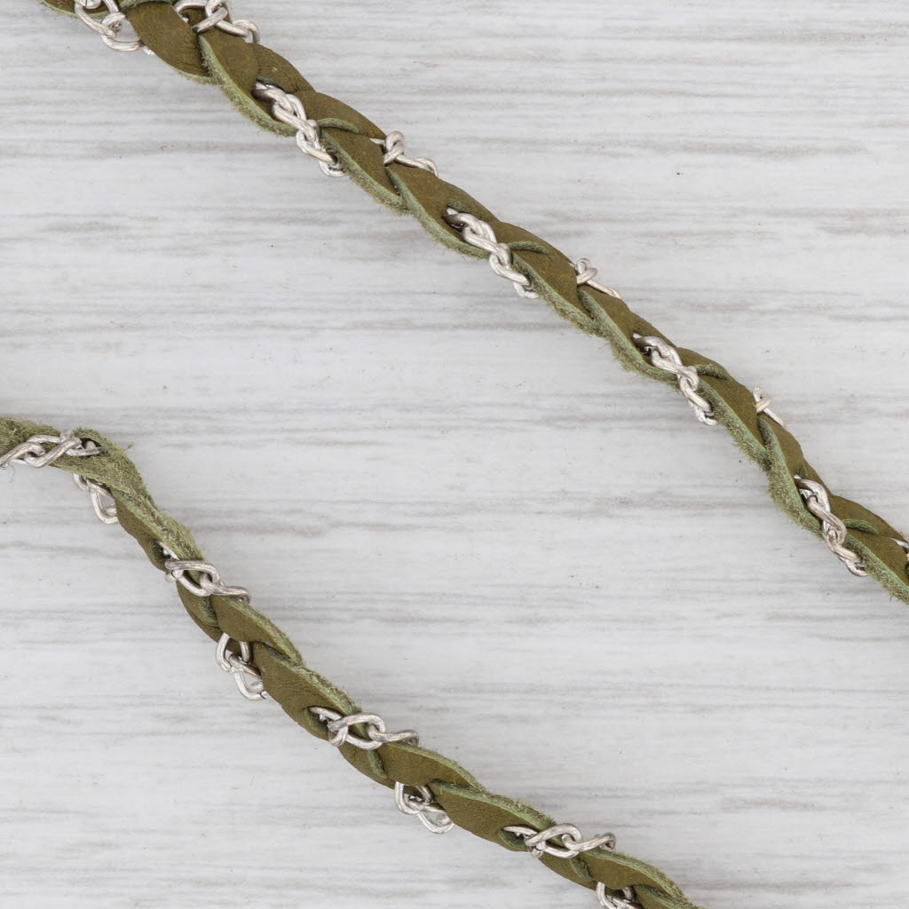 New Nina Wynn Cordelia Woven Necklace White Druzy Quartz Pendant Green Leather