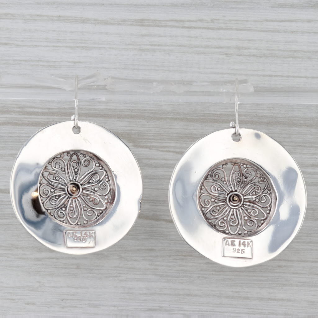 Ornate Flower Medallion Dangle Earrings Sterling Silver 14k Gold Hook Posts