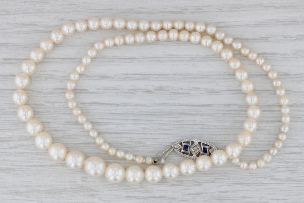 Art Deco Lab Created Sapphire Diamond Graduated Cultured Pearl Necklace 14k Gold