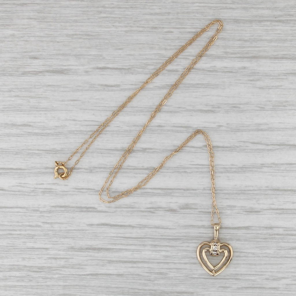 Diamond Layered Open Heart Pendant Necklace 14k Yellow Gold 16" Cable Chain