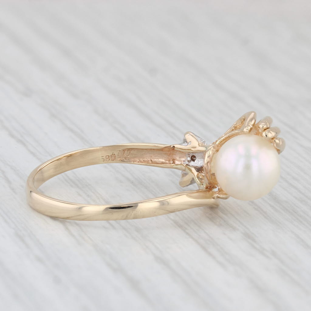 Light Gray Hand Holding Cultured Pearl Diamond Ring 14k Yellow Gold Size 8.25