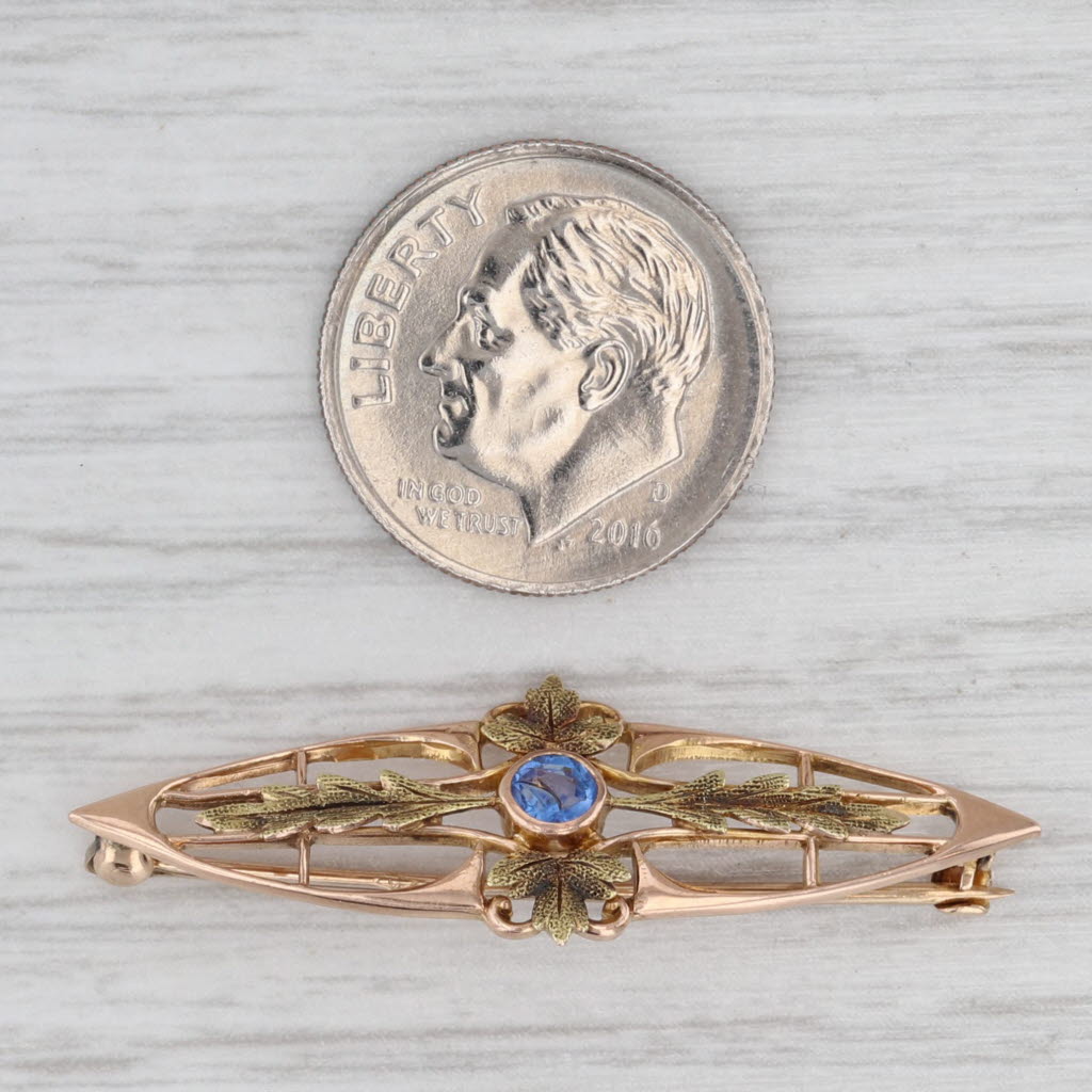 Light Gray Vintage Blue Garnet Floral Brooch 10k Green Yellow Gold Pin