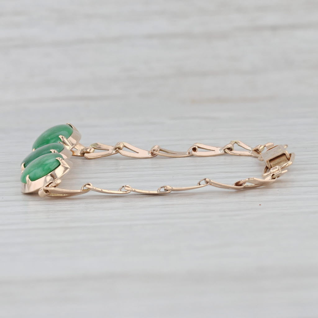 Gray Green Jadeite Jade 3-Stone Oval Cabochons Bracelet 14k Rose Gold 6.25"