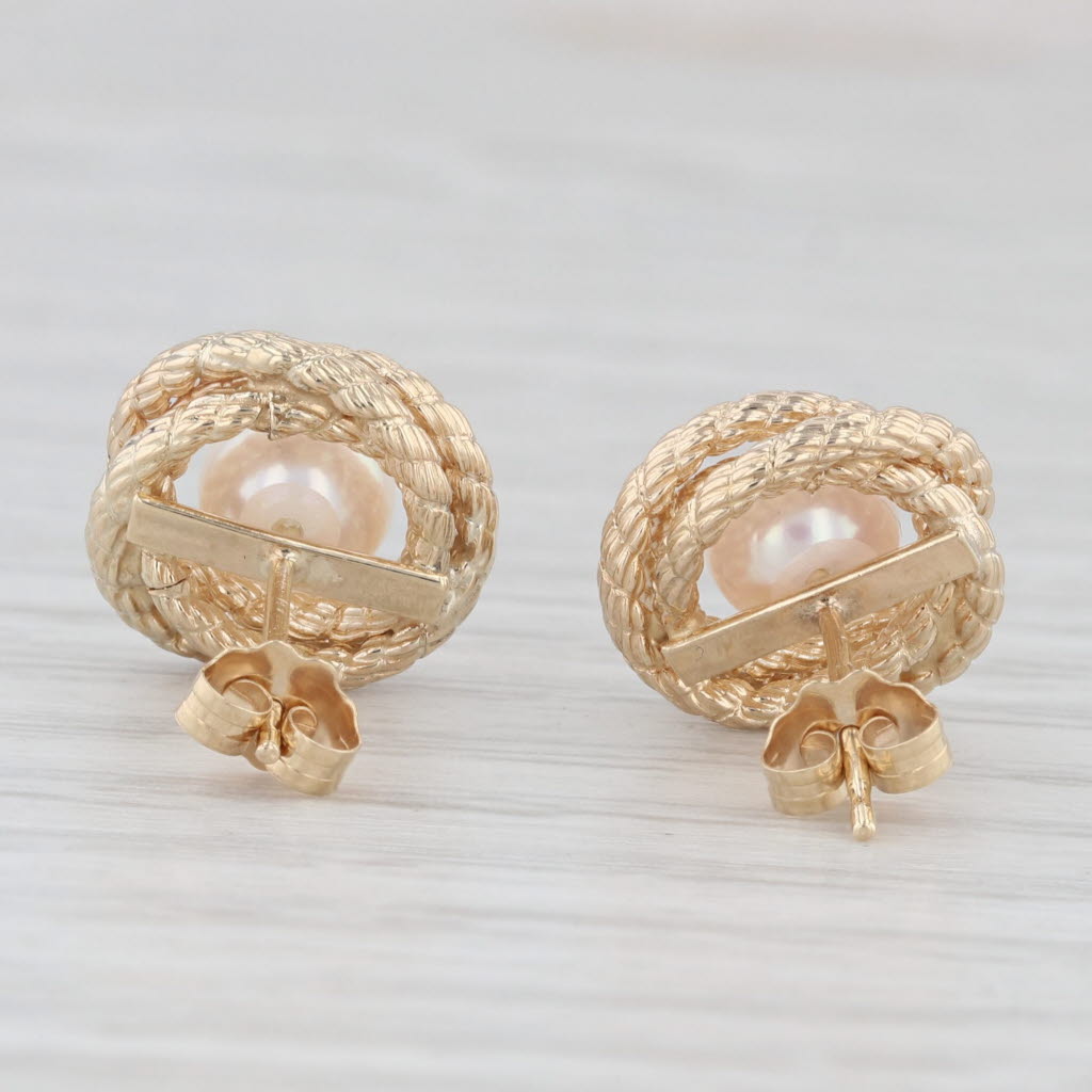 Light Gray Round Cultured Pearl Knot Stud Earrings 14k Yellow Gold