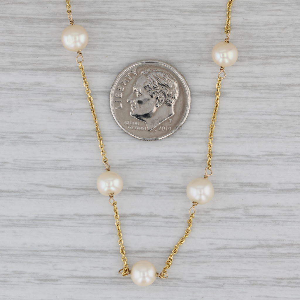 Gray Pearl Station Necklace 14k Yellow Gold 16" Cable Chain
