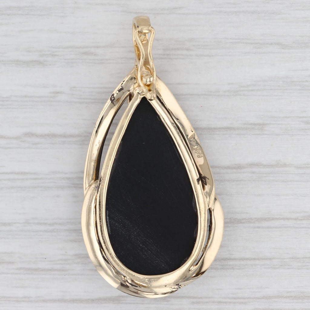 Light Gray Devitrified Black Glass Teardrop Pendant 14k Yellow Gold Diamond Accents