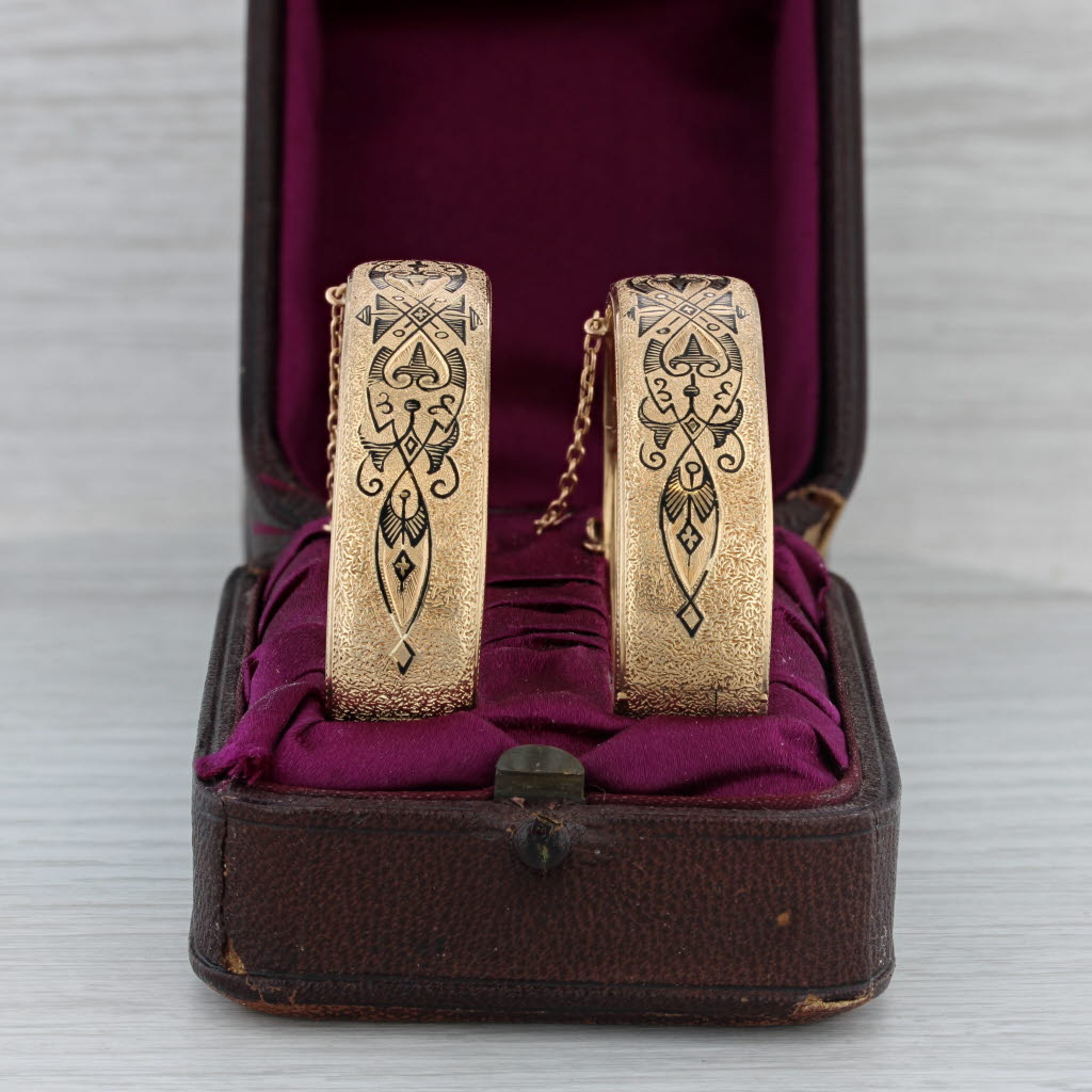 Victorian Taille d'Epargne Enamel Bangle Bracelets with Box 14k Gold Engraved