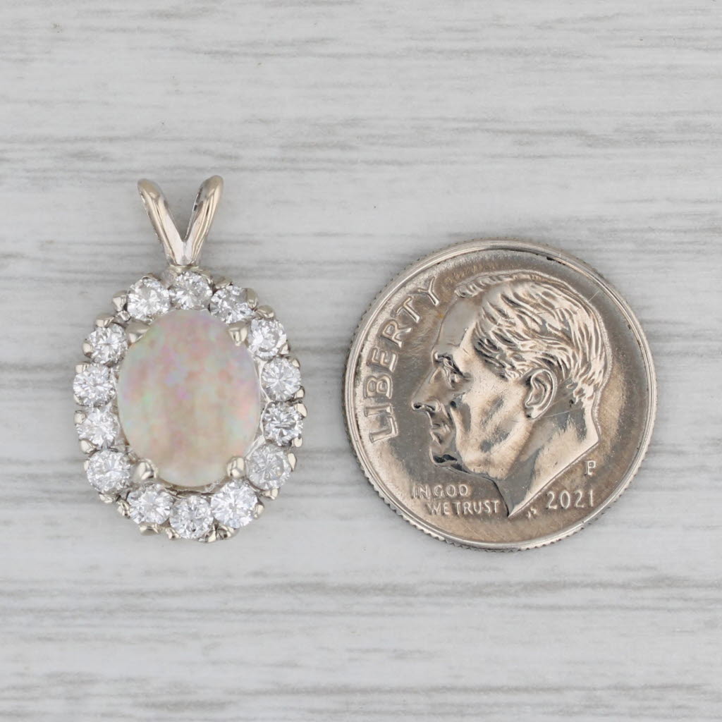Gray Opal 0.85ctw Diamond Halo Pendant 14k White Gold Oval Cabochon Drop