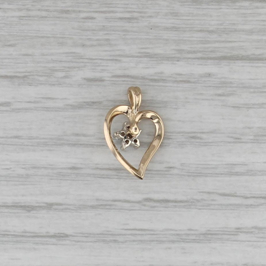 Diamond Flower Open Heart Pendant 14k Yellow Gold Small Drop