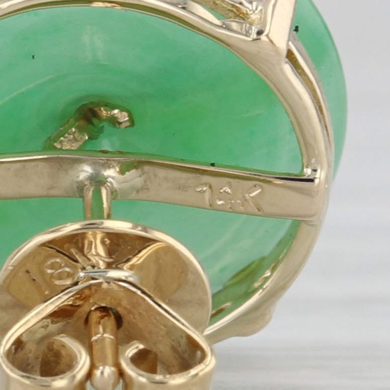 Green Jadeite Jade Diamond Flower Button Stud Earrings 14k Yellow Gold Studs