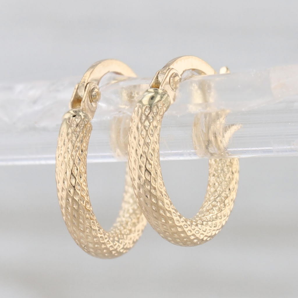 Crosshatch Pattern Small Hoop Earrings 18k Yellow Gold Snap Top Huggie Hoops