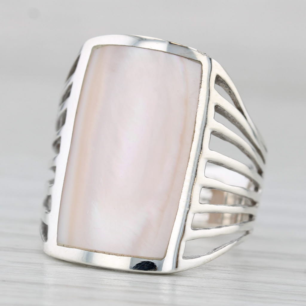 Light Gray Pink Mother of Pearl Ring Sterling Silver Size 5.75 Statement