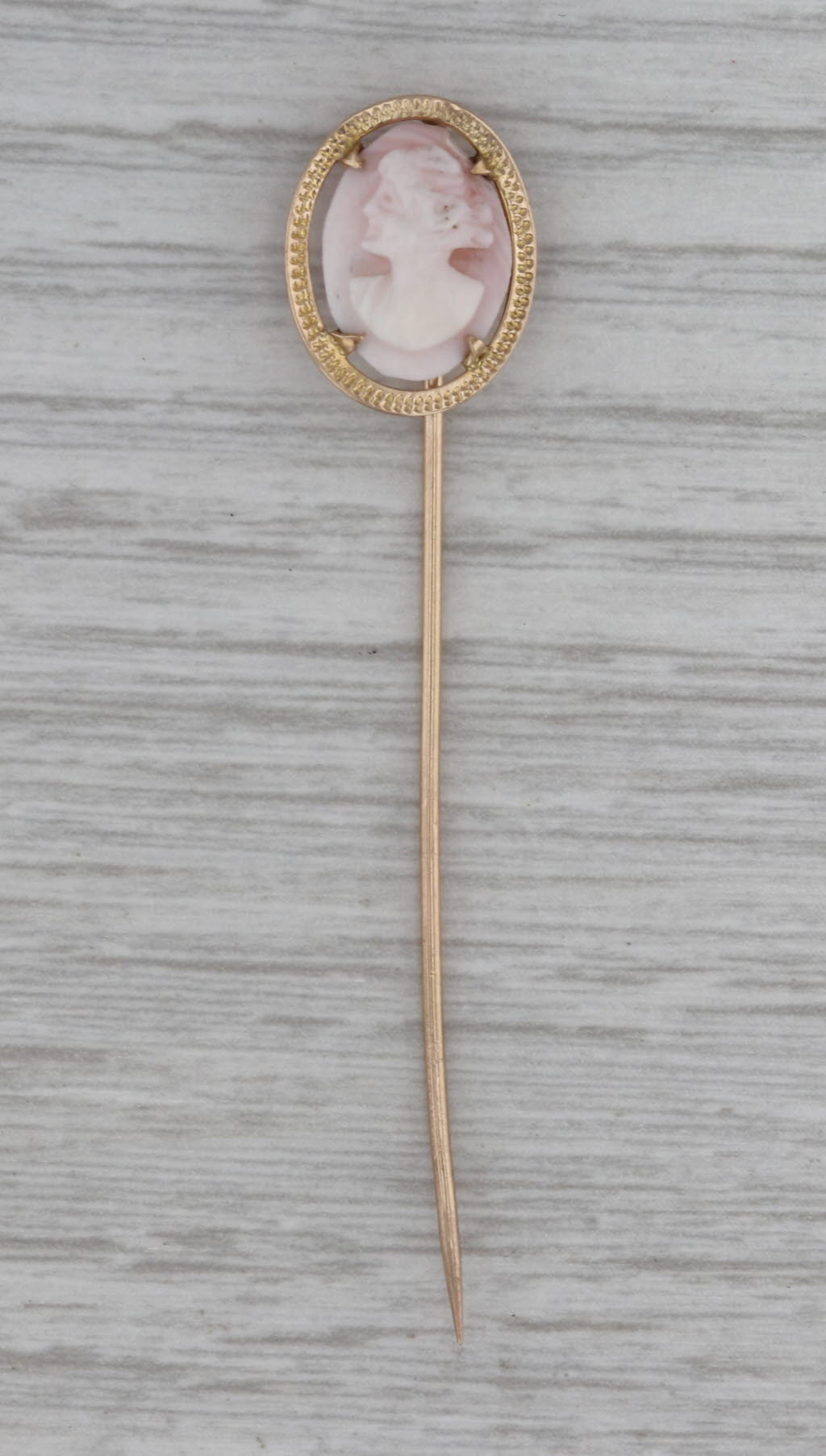Carved Coral Cameo Stickpin 10k Yellow Gold Vintage Pin AS IS