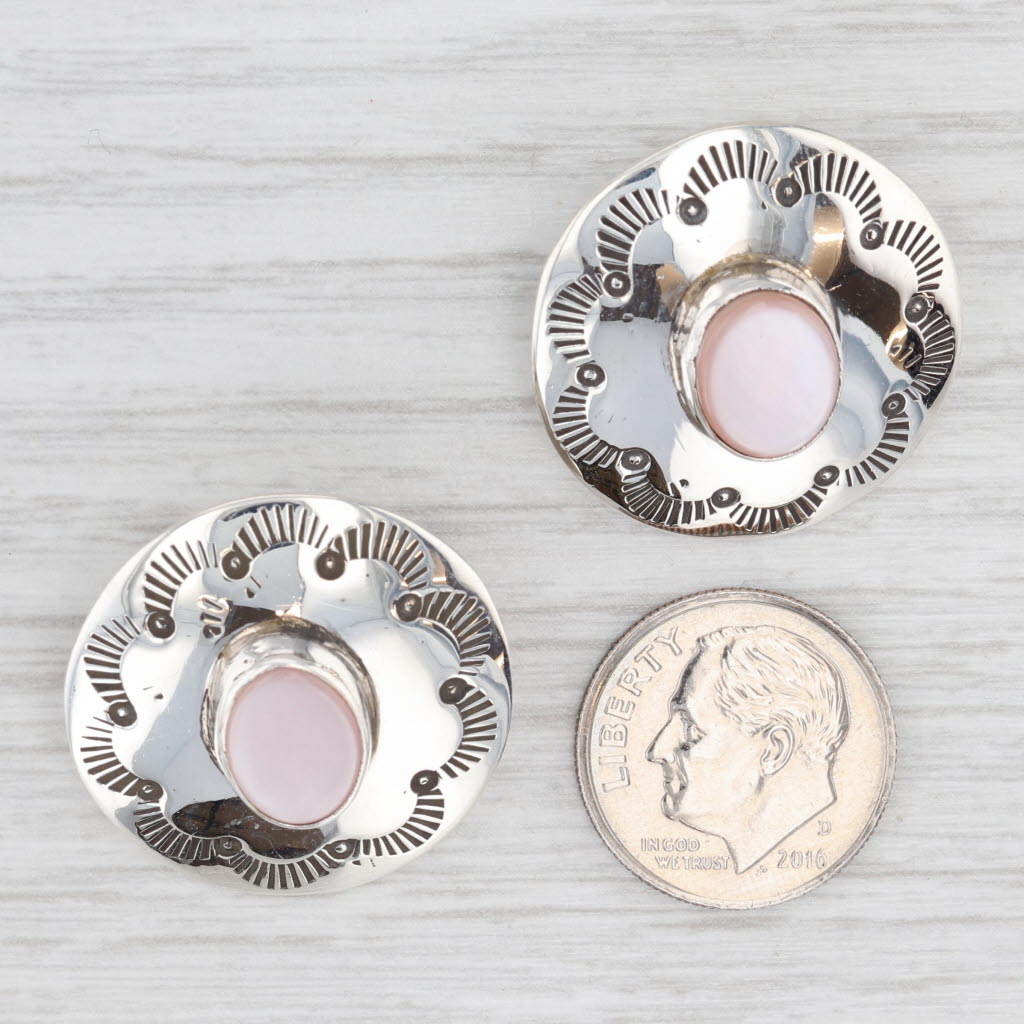 Light Gray Pink Mother of Pearl Stamped Pattern Silver Button Earrings Sterling Silver