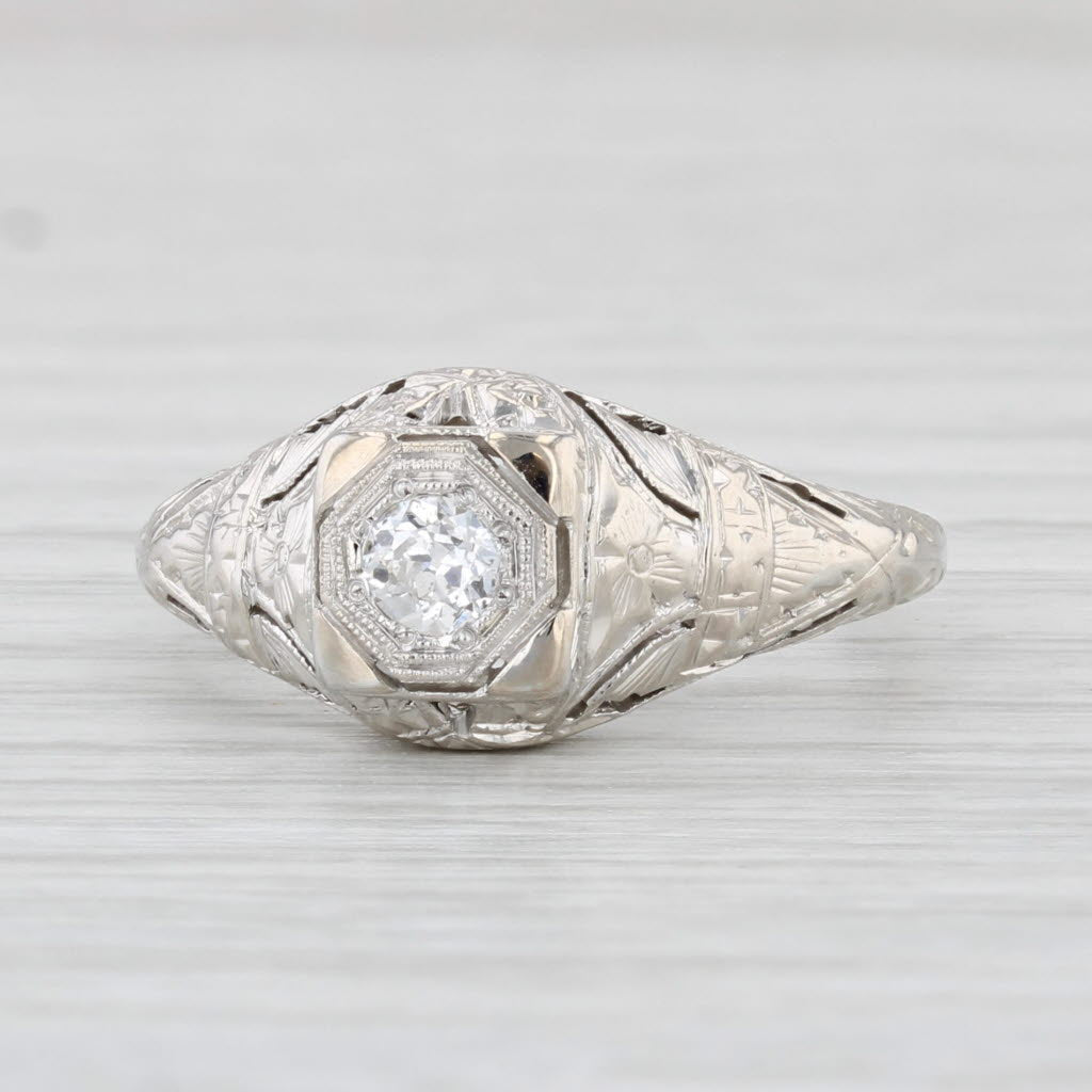 Light Gray Art Deco 0.15ct Diamond Solitaire Engagement Ring 18k White Gold Filigree Size 6