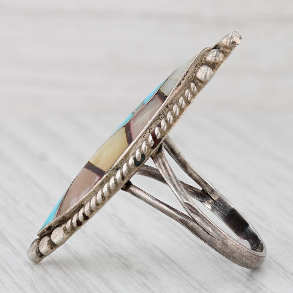 Light Gray Native American Turquoise Mother of Pearl Statement Ring Sterling Silver Size 10