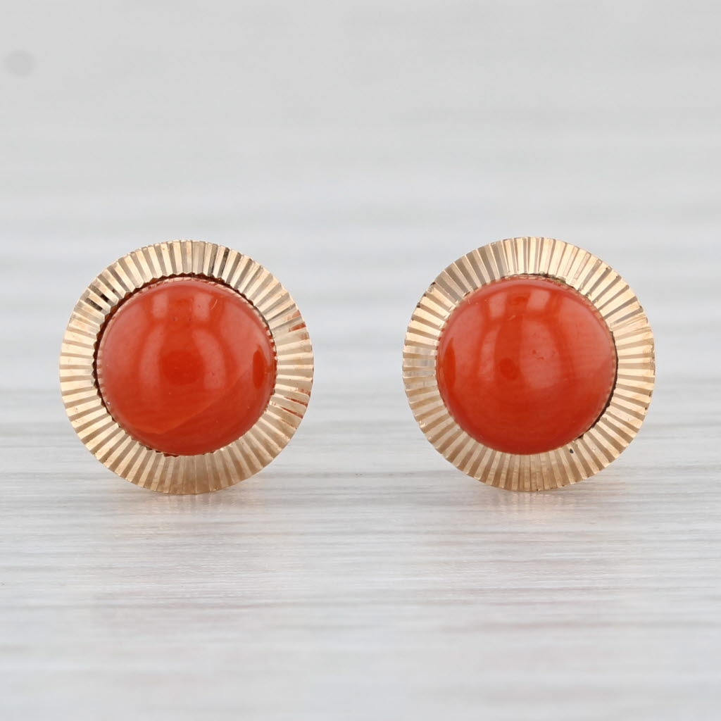 Light Gray Coral Button Stud Earrings 18k Yellow Gold Round Bead Solitaires