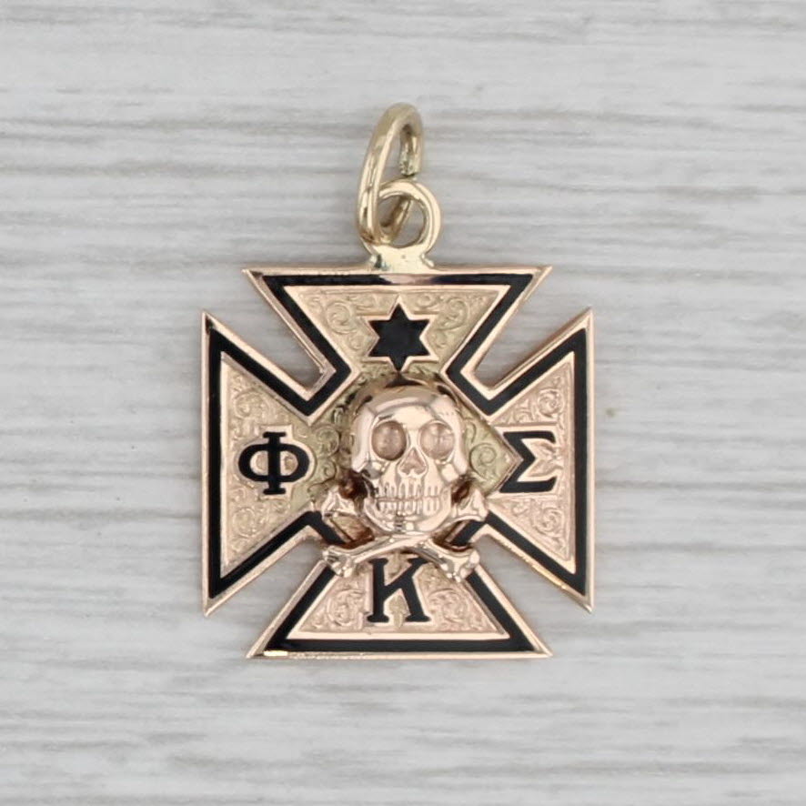 Gray Phi Kappa Sigma Fraternity Skull Cross Pendant 10k Gold Charm Vintage Lambda