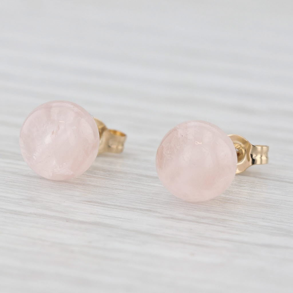 Light Gray 6.3mm Pink Rose Quartz Stud Earrings 14k Yellow Gold Round Solitaire Studs