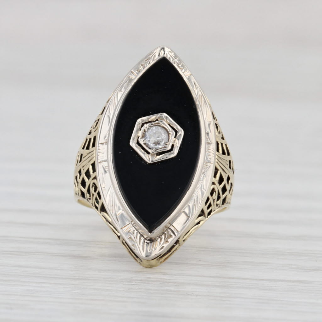Vintage Onyx Signet Ring 14k Yellow White Gold Size 4.5 Openwork