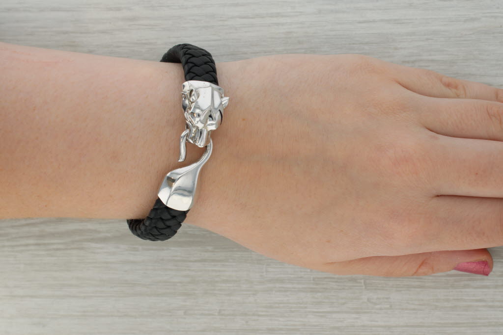 Rosy Brown New Effy Black Spinel Panther Bracelet Sterling Silver Woven Black Leather 7.5"